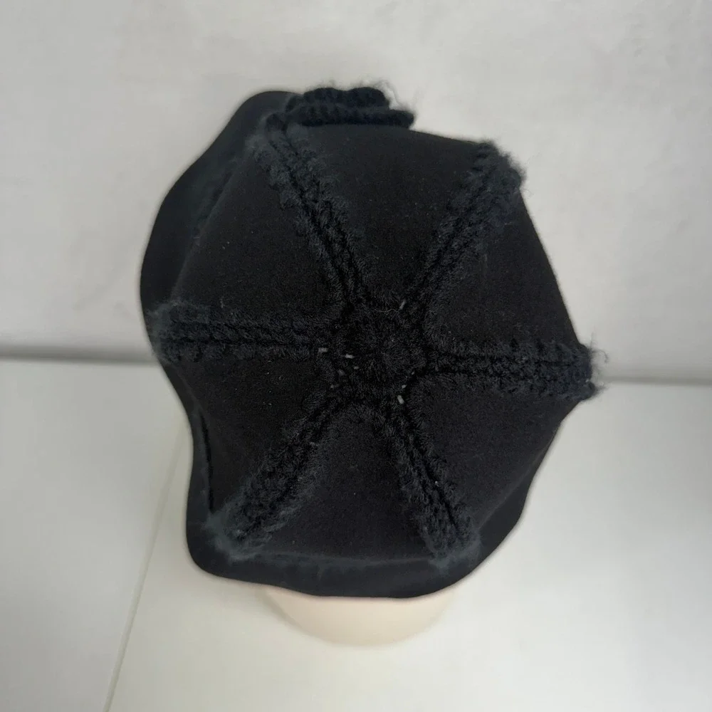 Vintage Y2K Cloche Bucket Hat Black Wool Crochet Flower Trim Winter Boho Retro